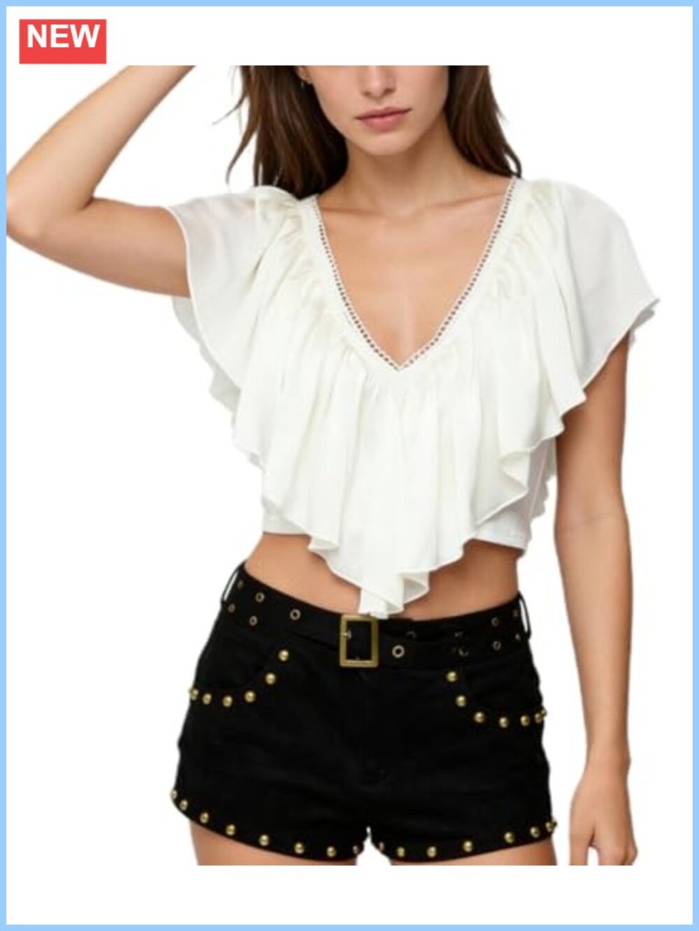 Ruffle V Neck Crop Top Boho Frill Trim Tie Back Y2K Blouse